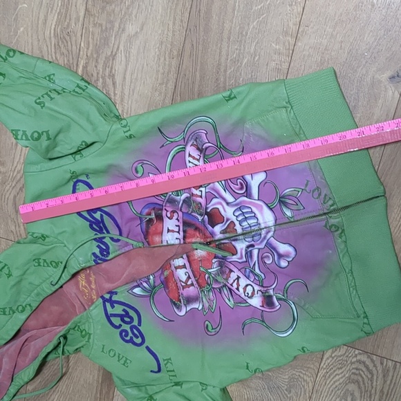 Ed Hardy by Christian Audigier Green Pink Leather Jacket hoodie Women's Medium - Picture 10 of 13